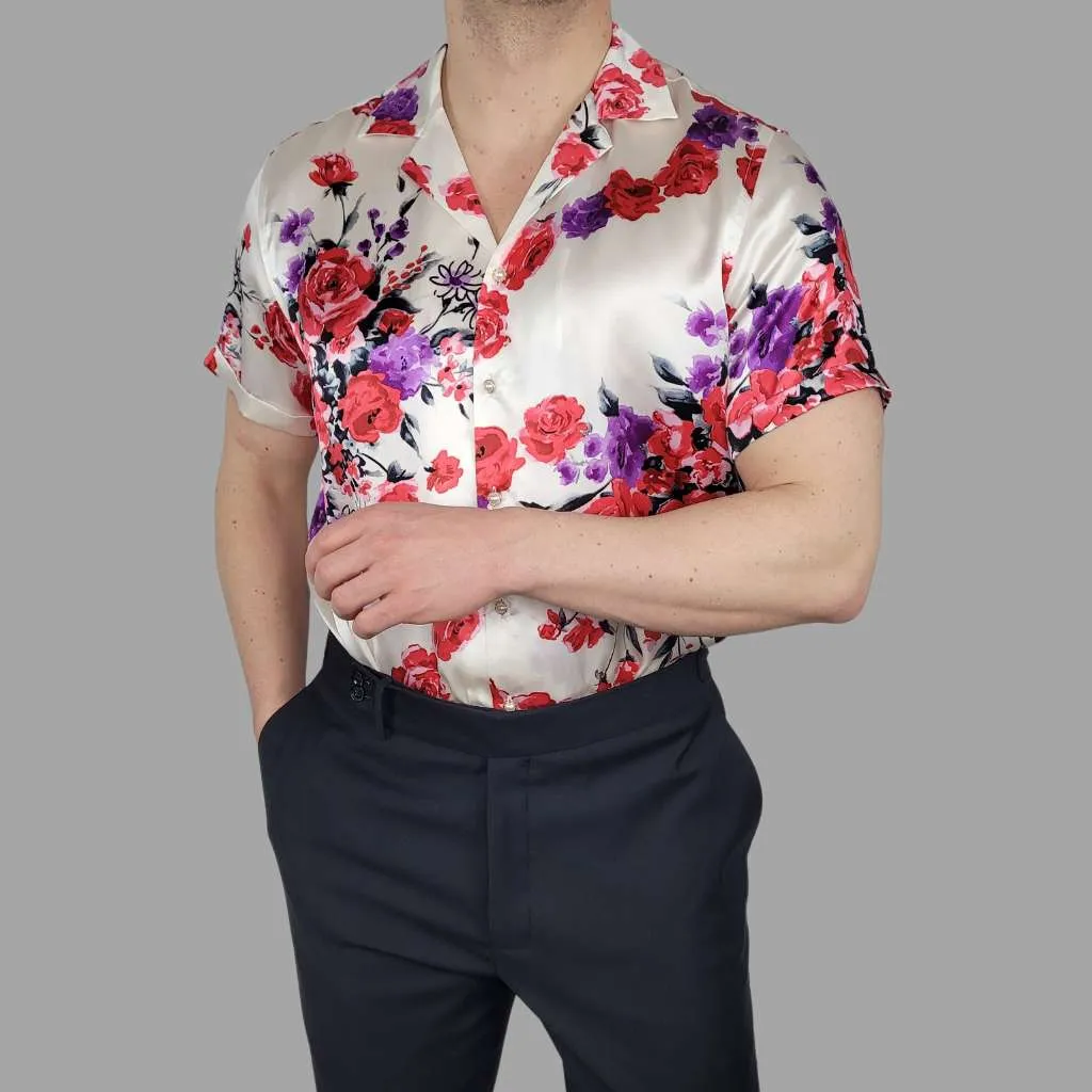 Mens White Floral Short Sleeve Silk Shirt