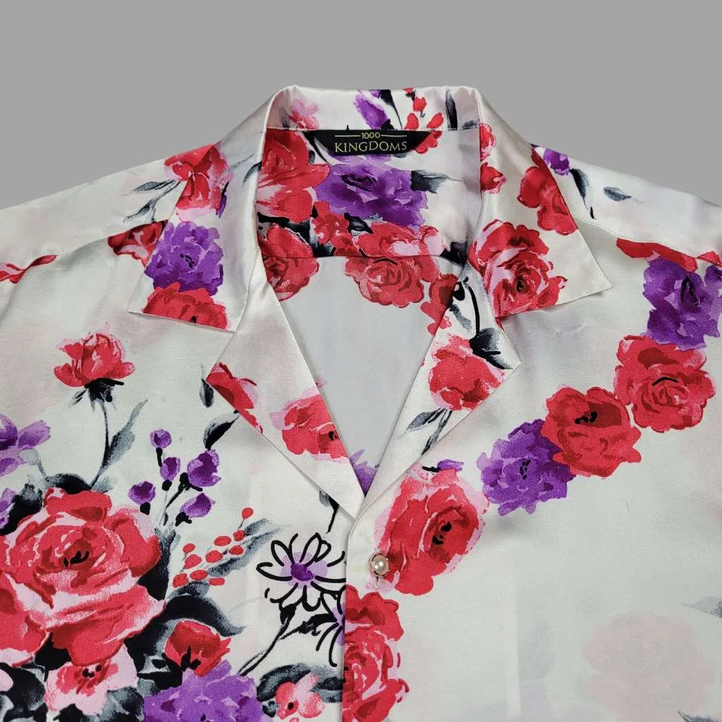 Mens White Floral Short Sleeve Silk Shirt