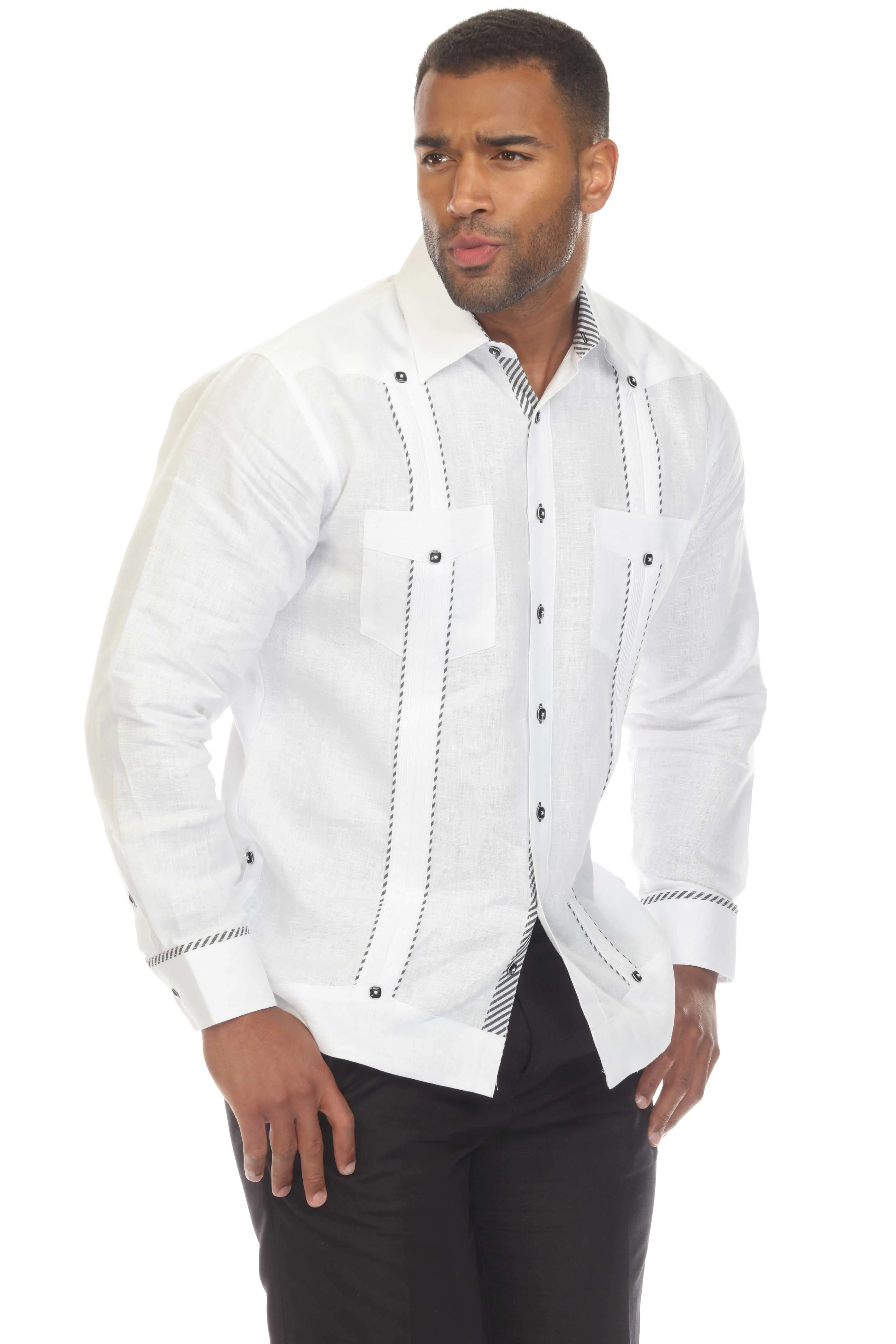 Mojito Men's 100% Linen Guayabera Shirt Long Sleeve with Print Stripe Trim Accent