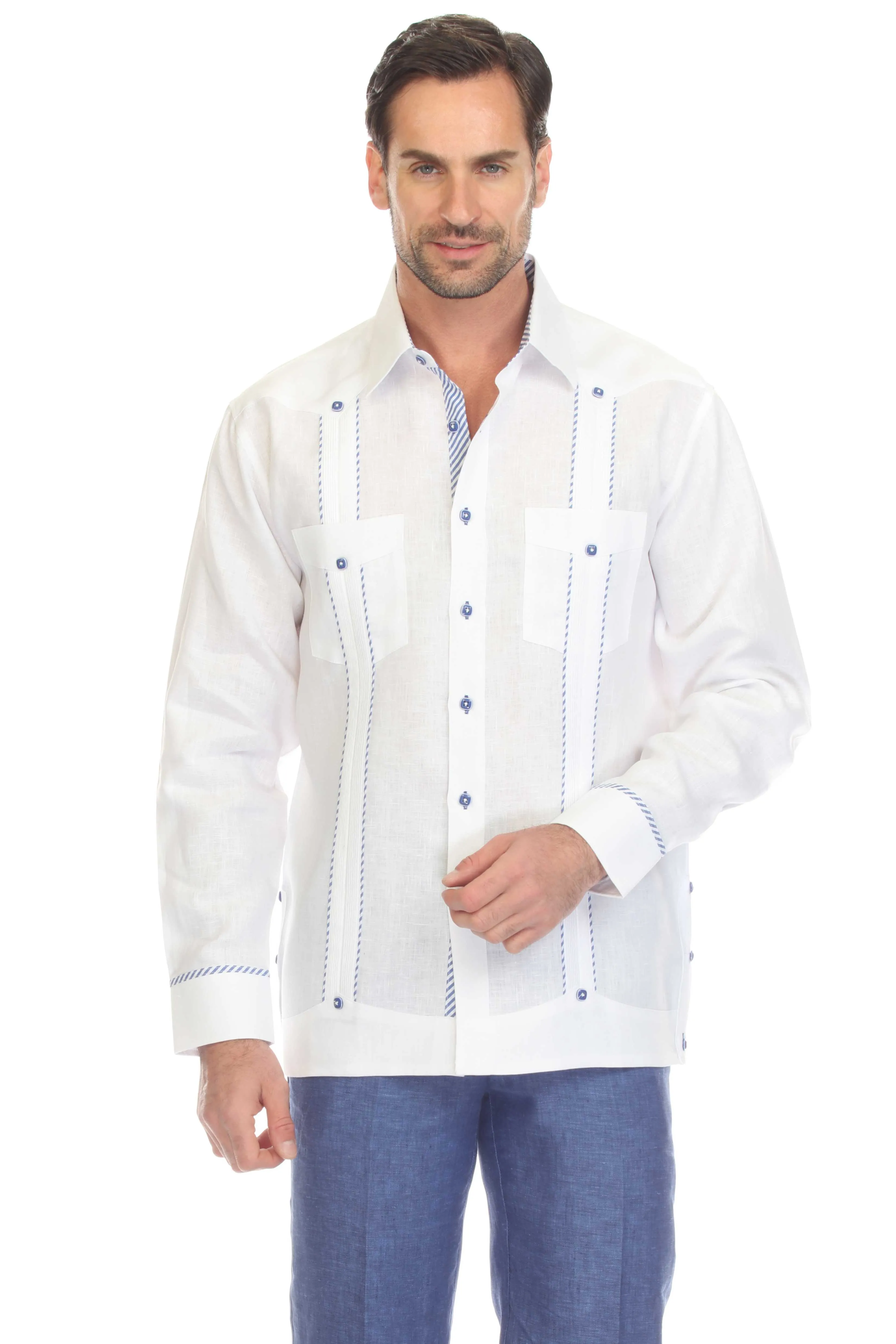 Mojito Men's 100% Linen Guayabera Shirt Long Sleeve with Print Stripe Trim Accent