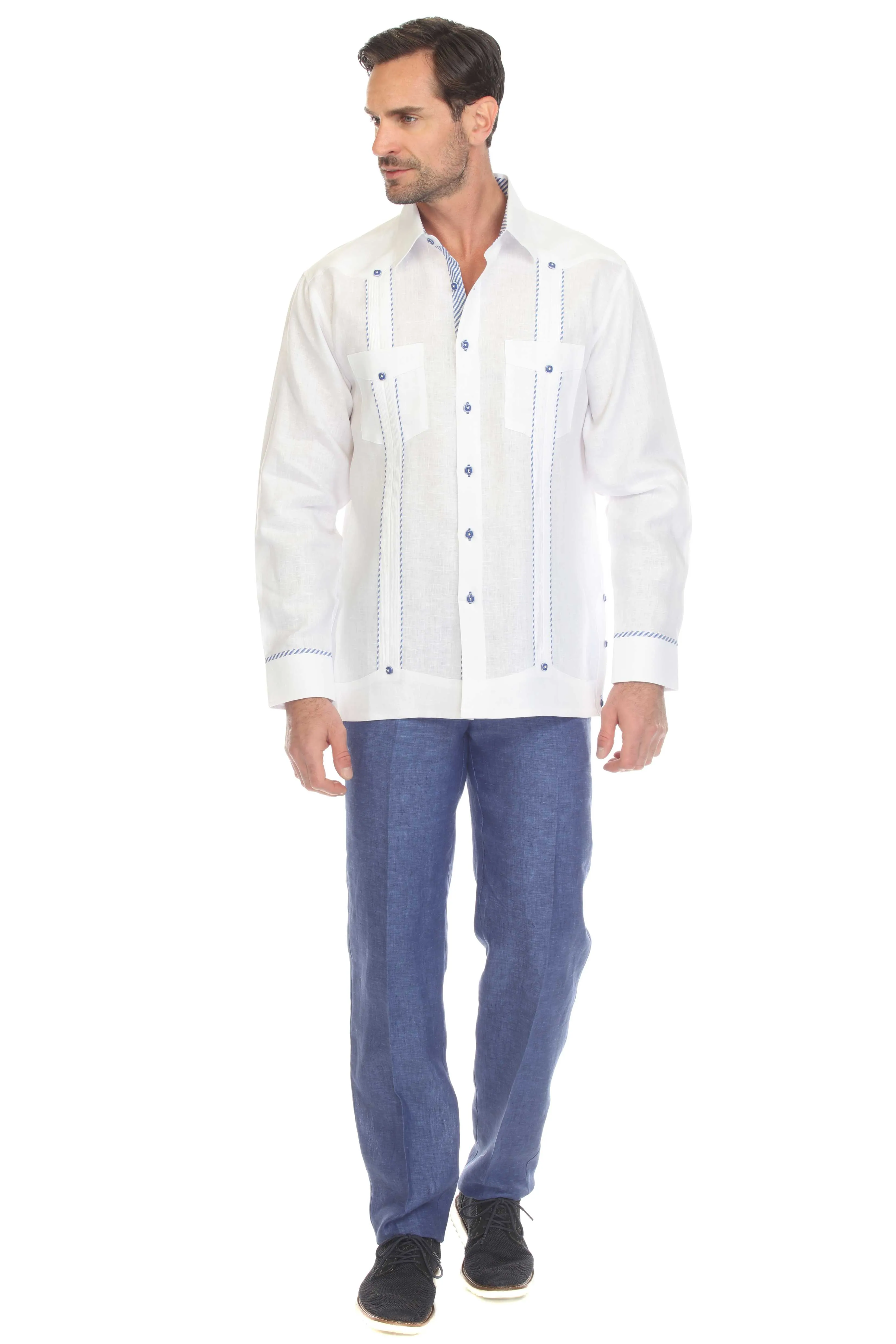 Mojito Men's 100% Linen Guayabera Shirt Long Sleeve with Print Stripe Trim Accent