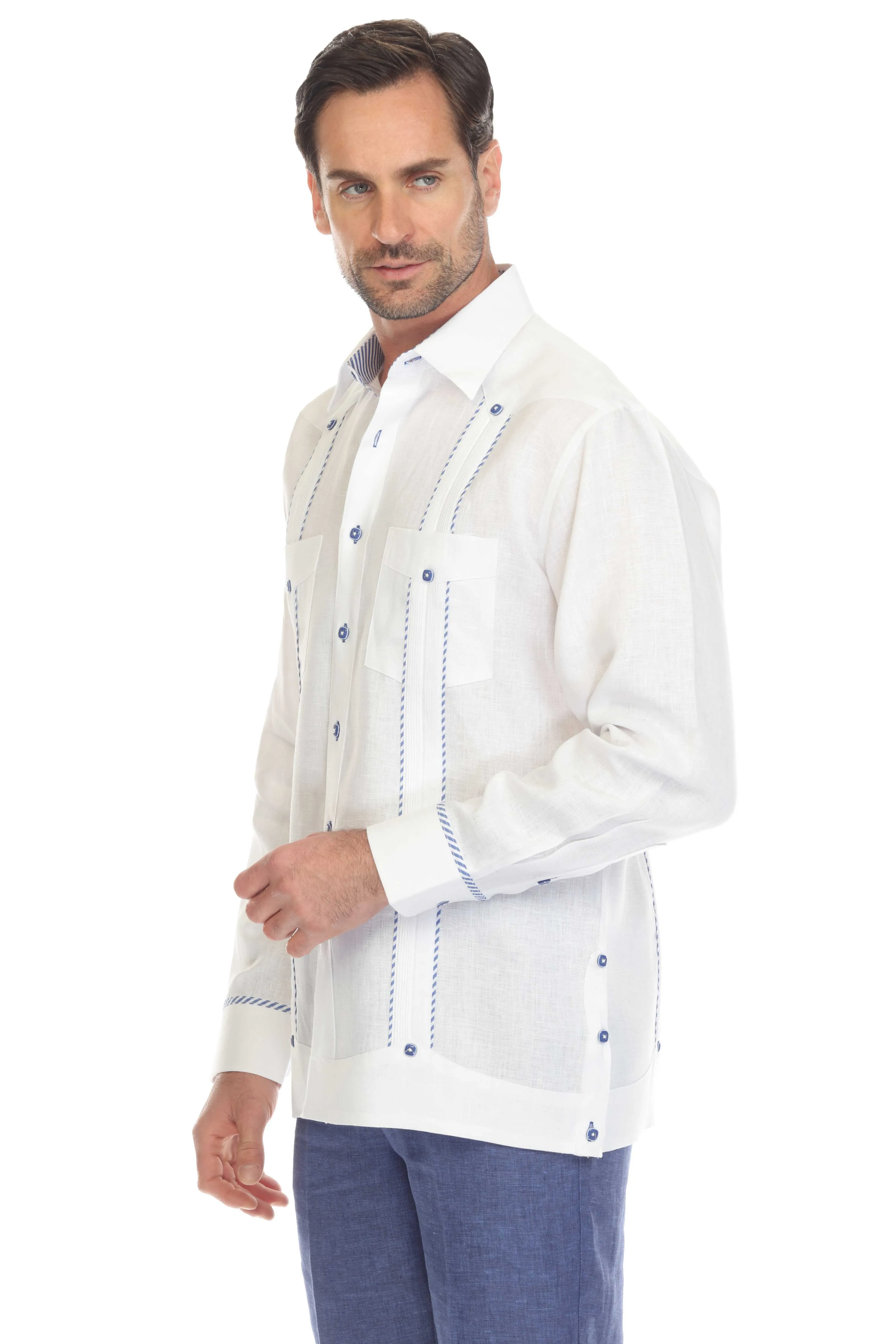 Mojito Men's 100% Linen Guayabera Shirt Long Sleeve with Print Stripe Trim Accent