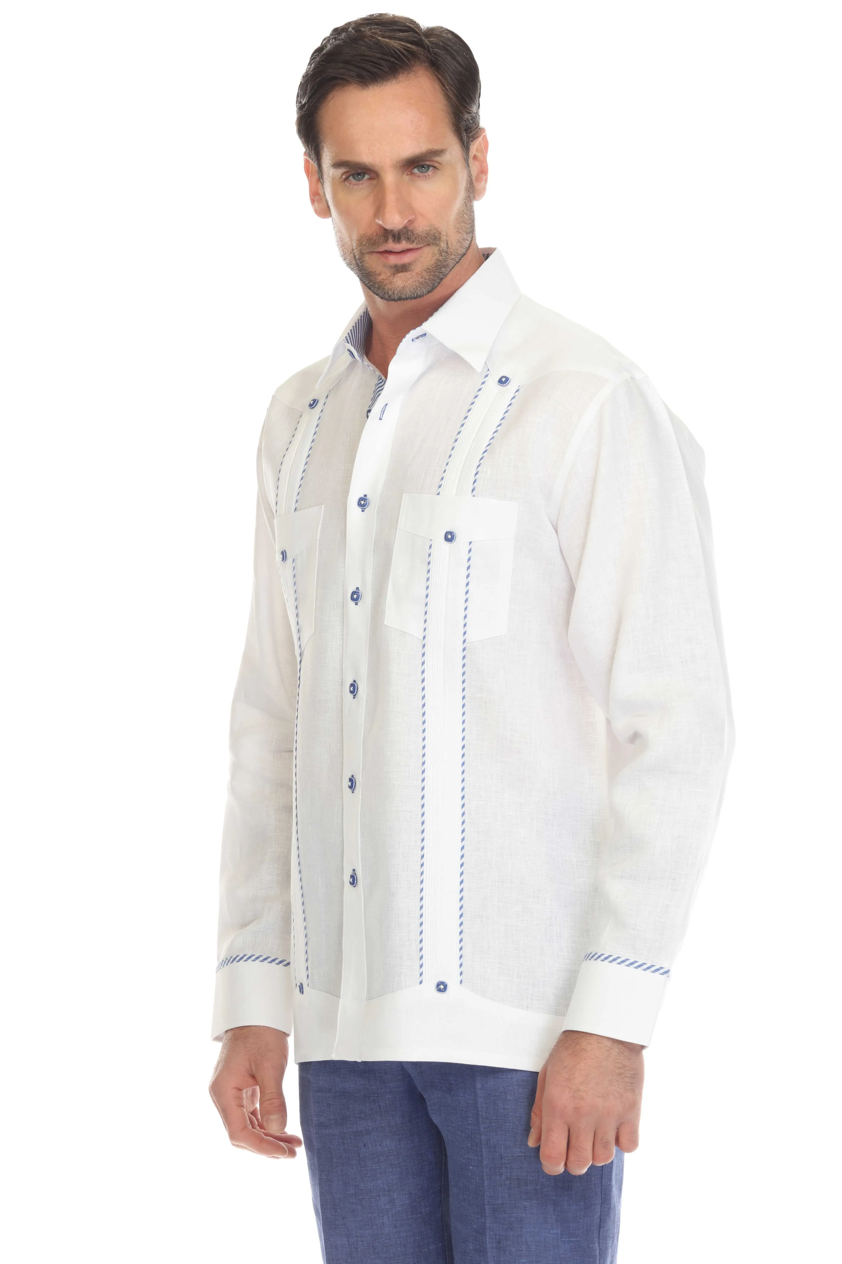 Mojito Men's 100% Linen Guayabera Shirt Long Sleeve with Print Stripe Trim Accent