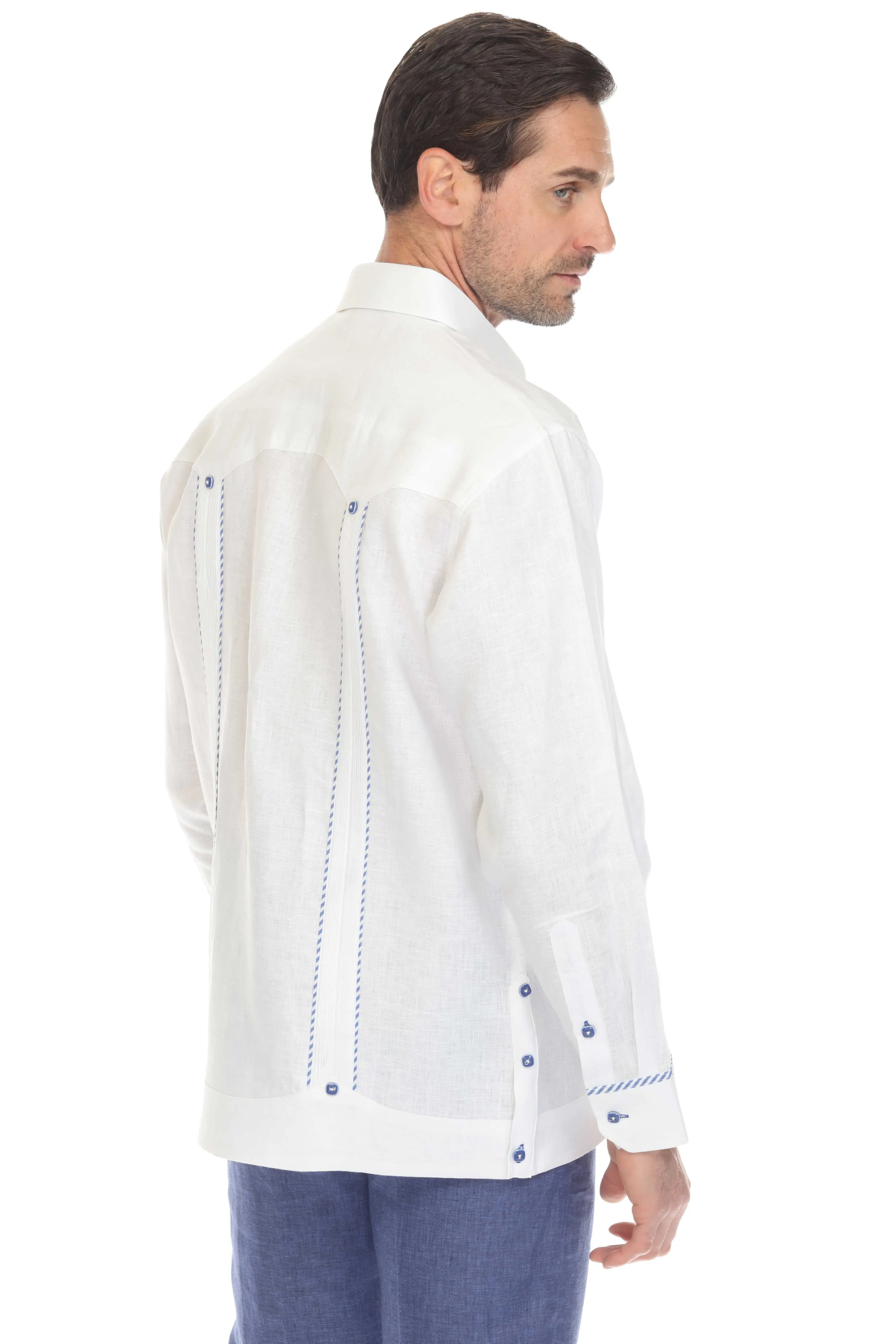 Mojito Men's 100% Linen Guayabera Shirt Long Sleeve with Print Stripe Trim Accent