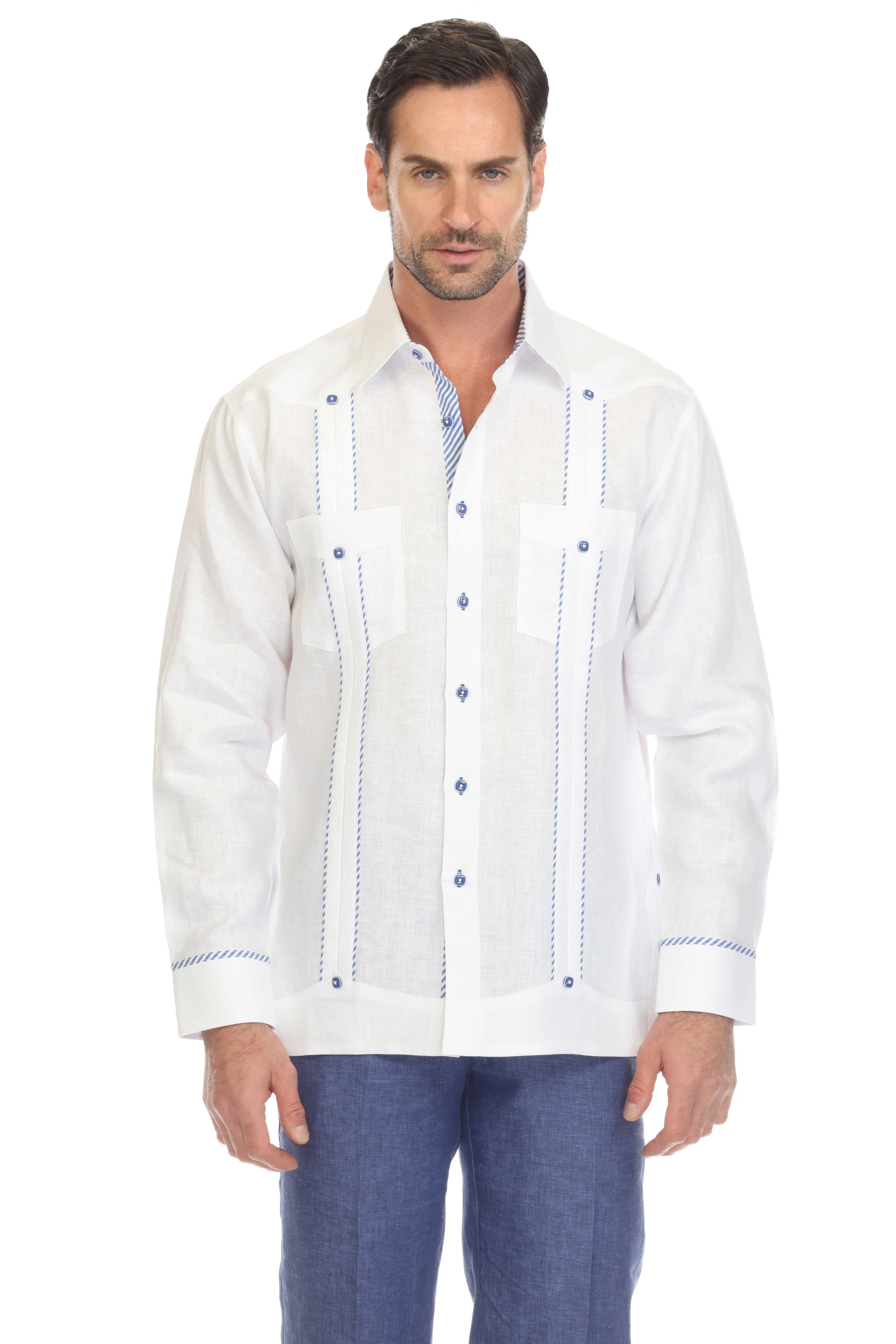 Mojito Men's 100% Linen Guayabera Shirt Long Sleeve with Print Stripe Trim Accent