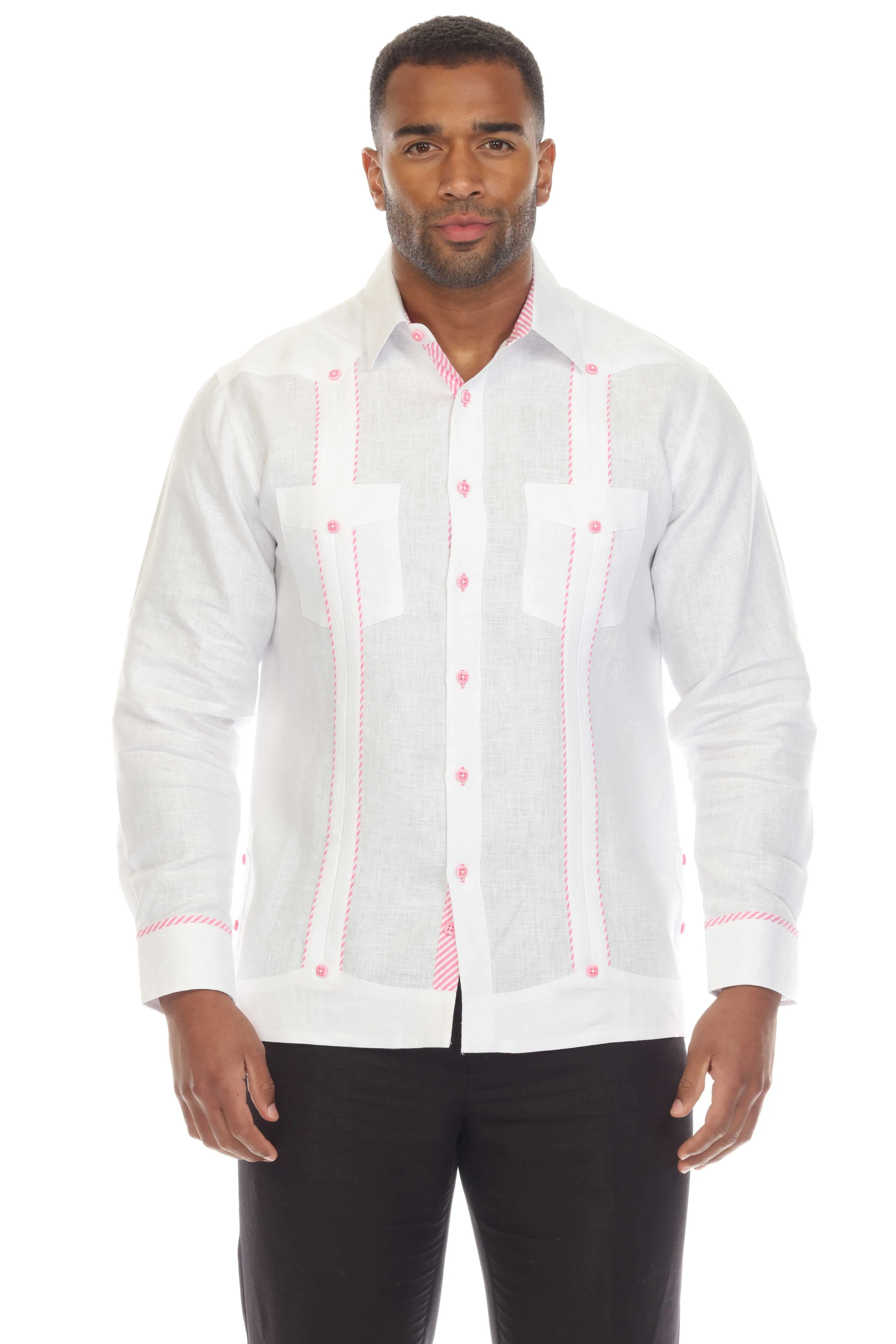 Mojito Men's 100% Linen Guayabera Shirt Long Sleeve with Print Stripe Trim Accent