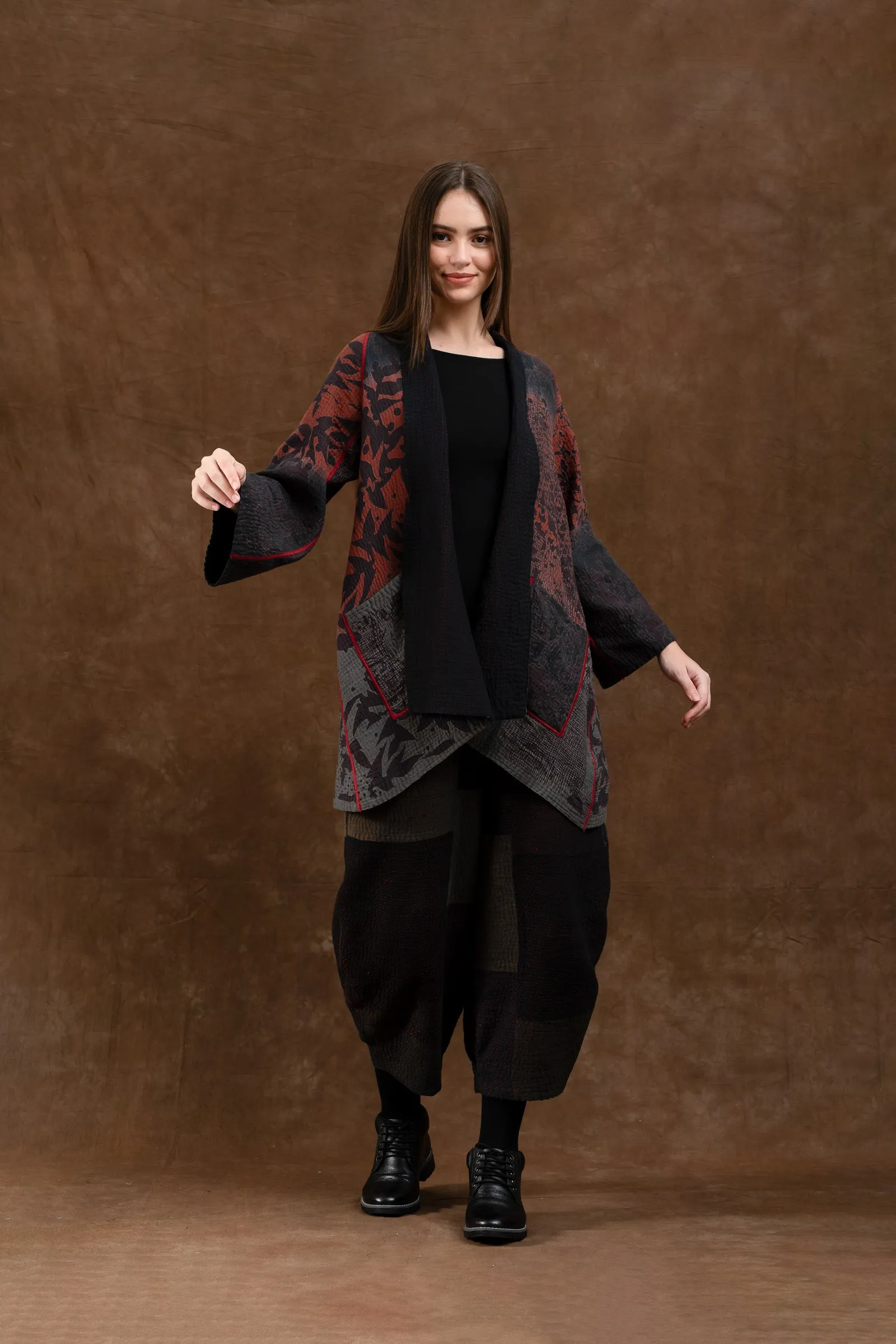 MONOTONE TWILIGHT PRINT KANTHA A-LINE JKT - tp4003-red -