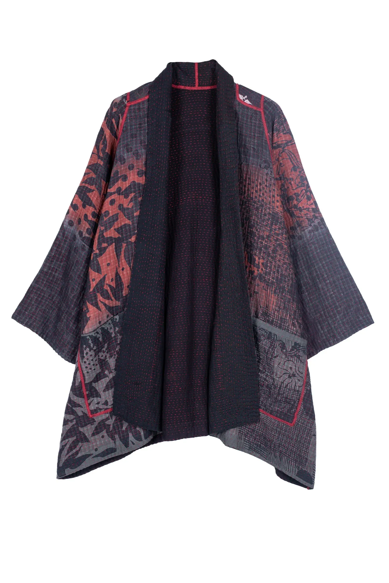 MONOTONE TWILIGHT PRINT KANTHA A-LINE JKT - tp4003-red -