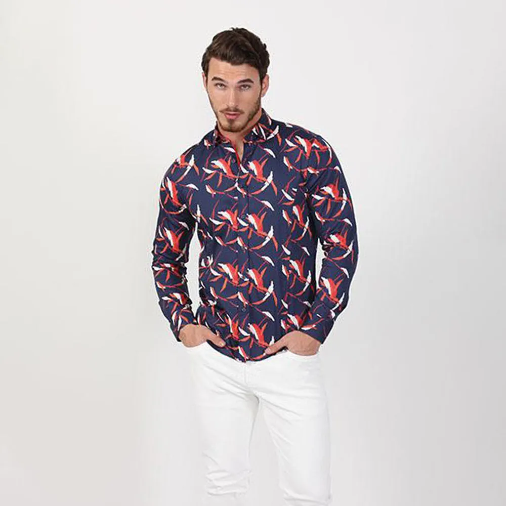 Navy Button Down Shirt W/ Orange Brush Print Design