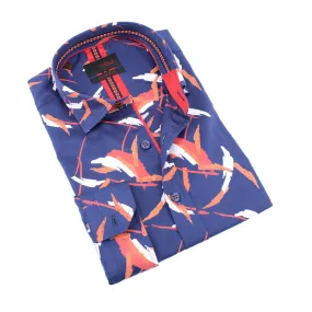 Navy Button Down Shirt W/ Orange Brush Print Design