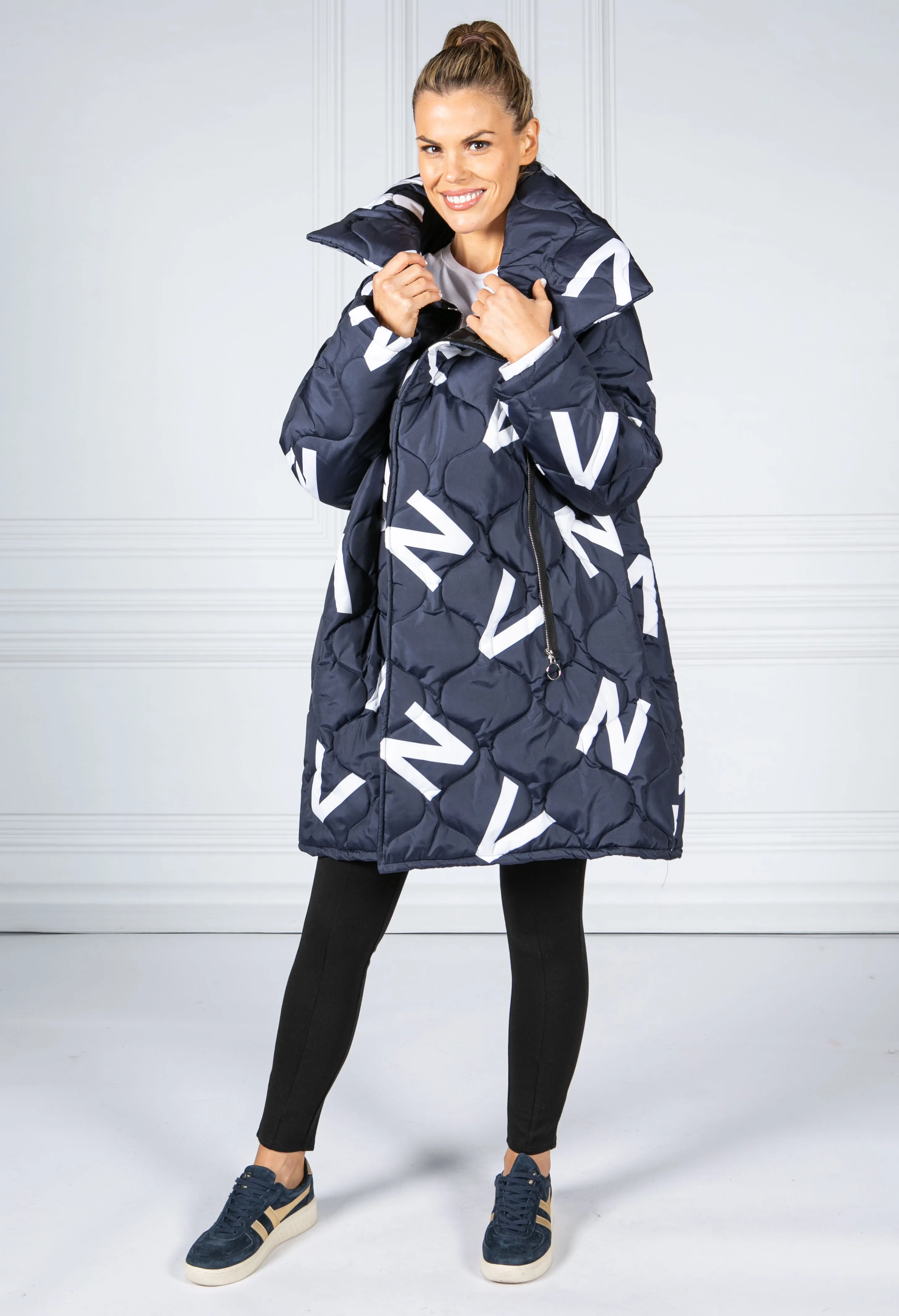 Navy Quilted Coat with Letter Print