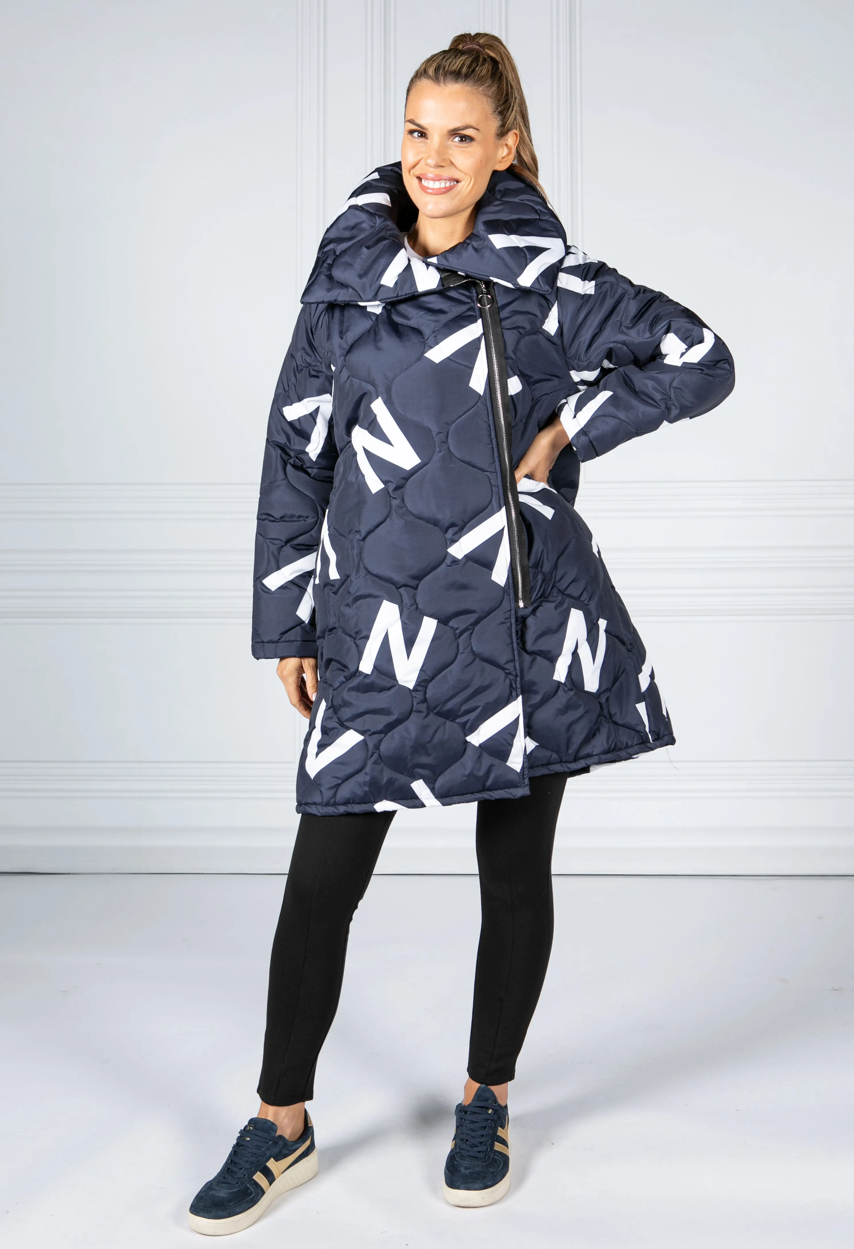 Navy Quilted Coat with Letter Print