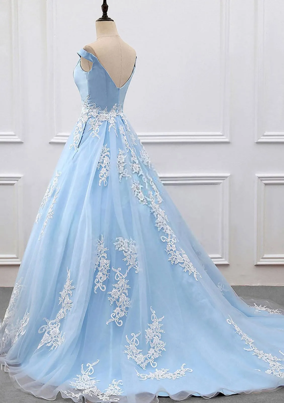 Off Shoulder V Neck Ball Gown Court Sky Blue Satin Tulle Prom Dress, Lace