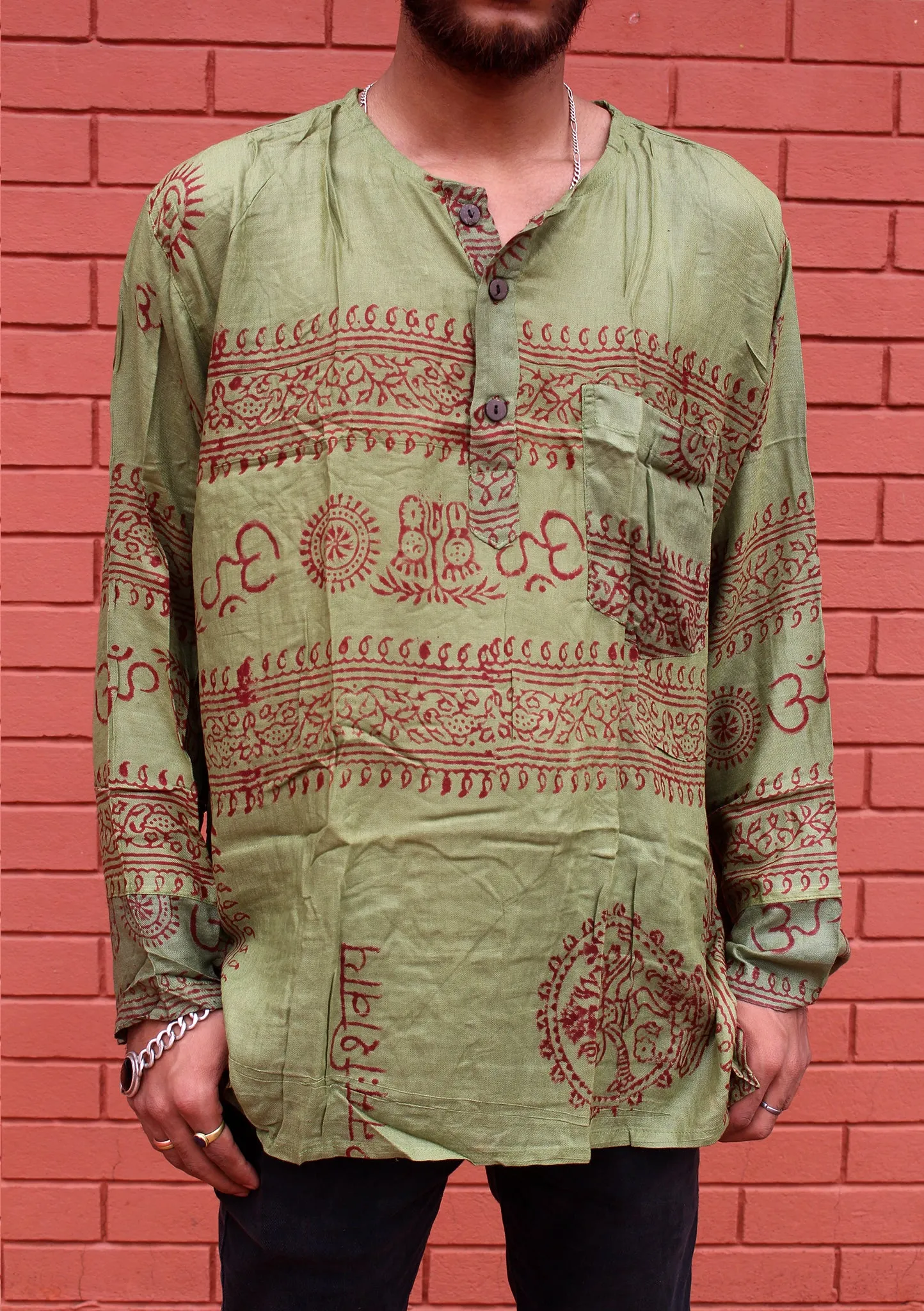 Olive Green Cotton Om Prayer Shirt/ Yoga Shirt