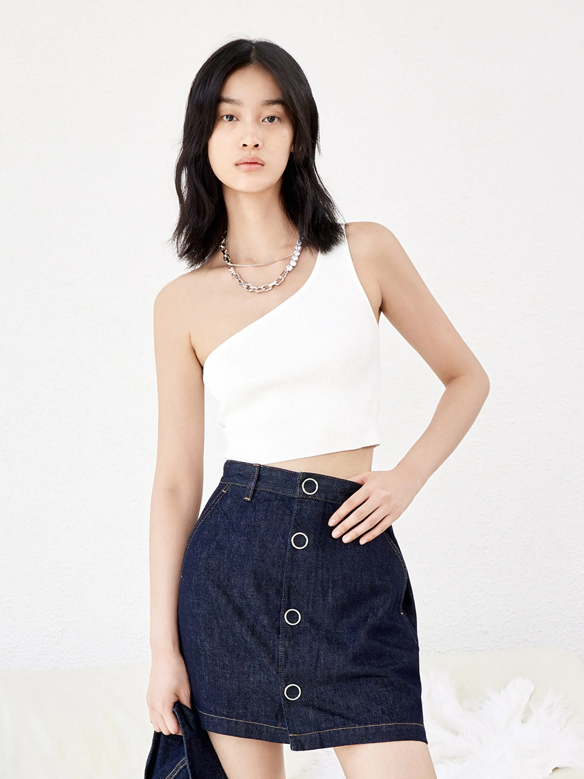 One Shoulder Rib Knit Crop Top