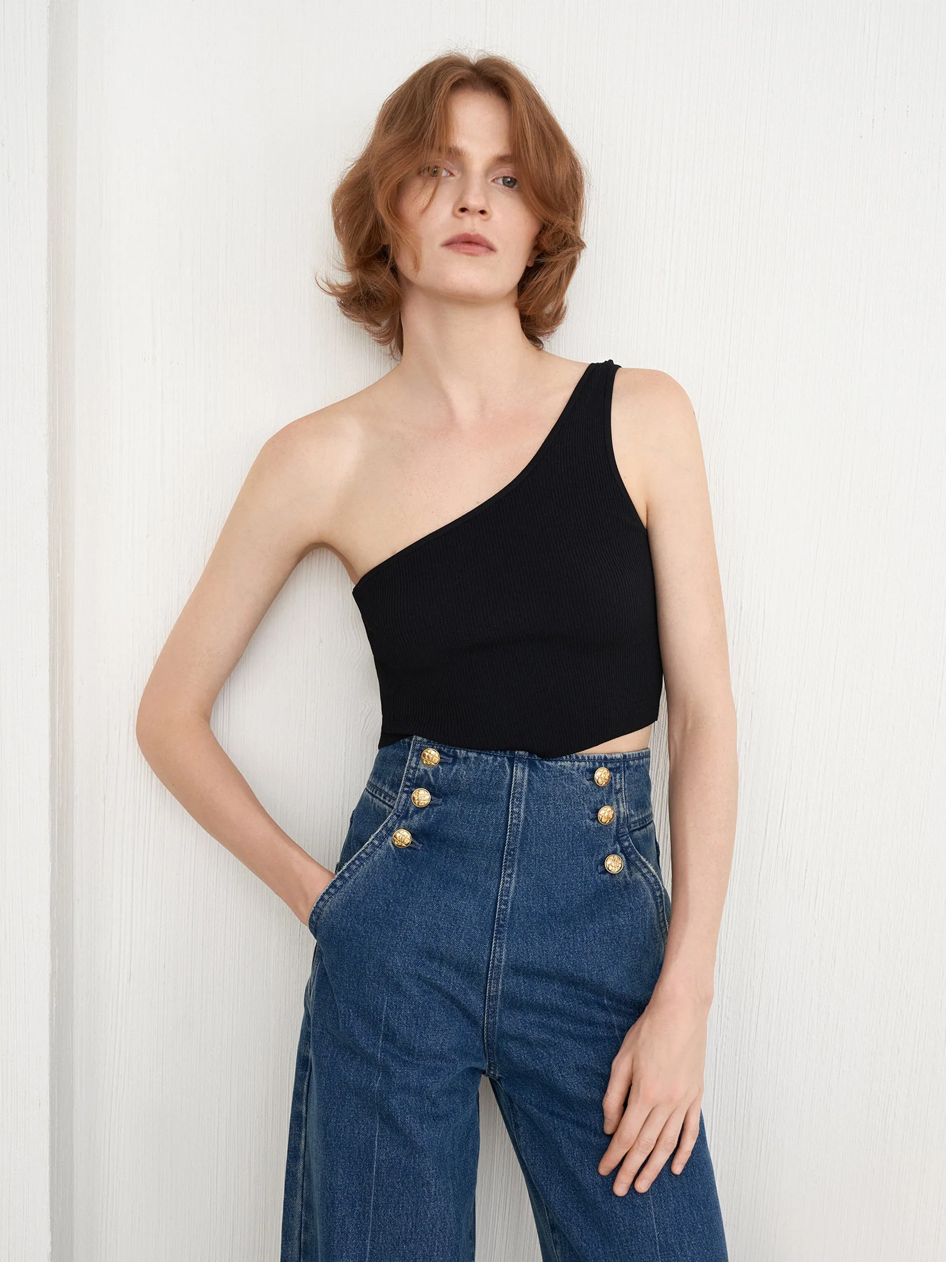 One Shoulder Rib Knit Crop Top