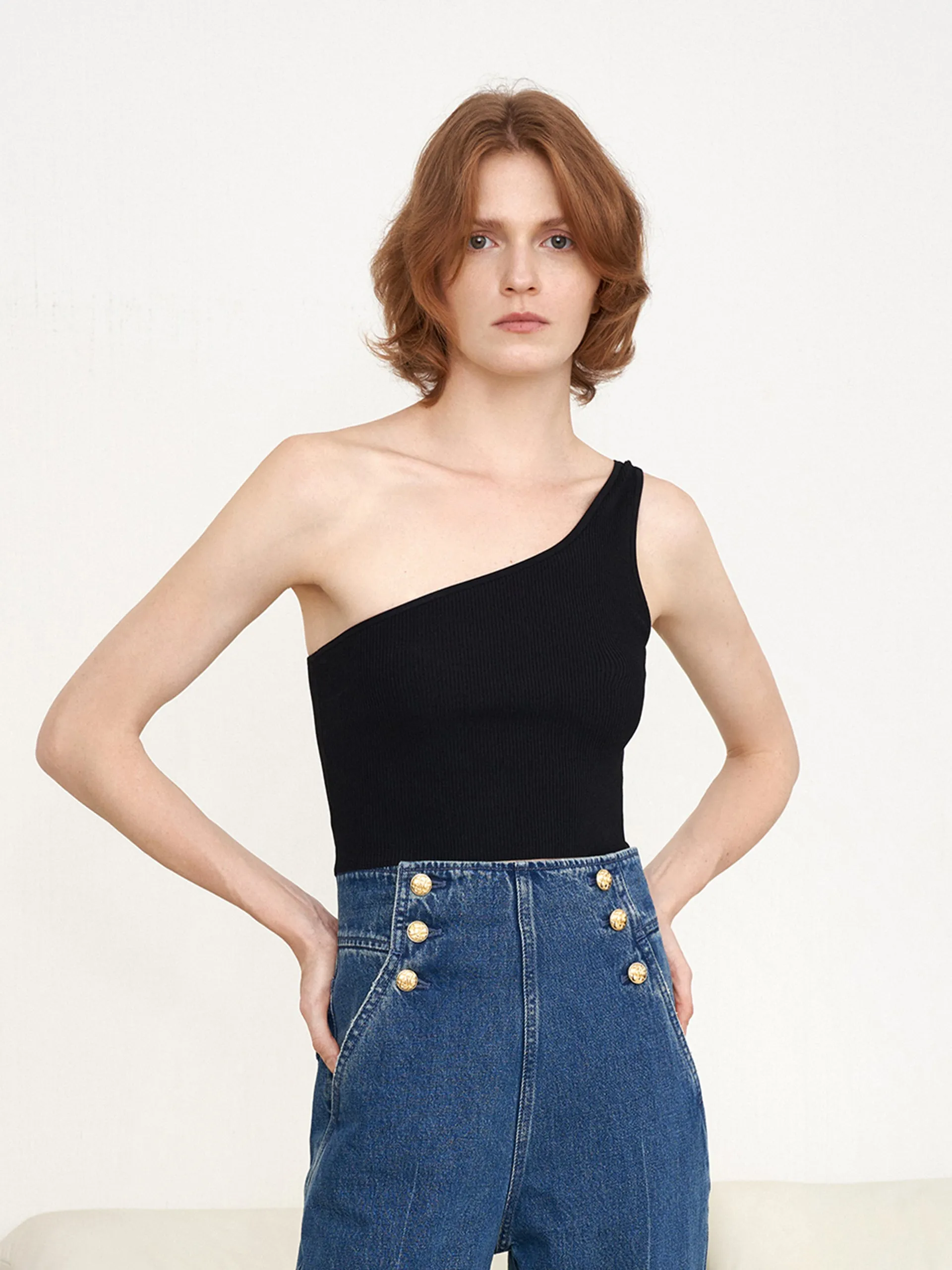 One Shoulder Rib Knit Crop Top