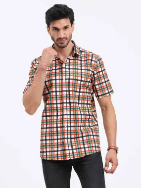 Orange Grey Printed Checks Half Sleeve Shirt