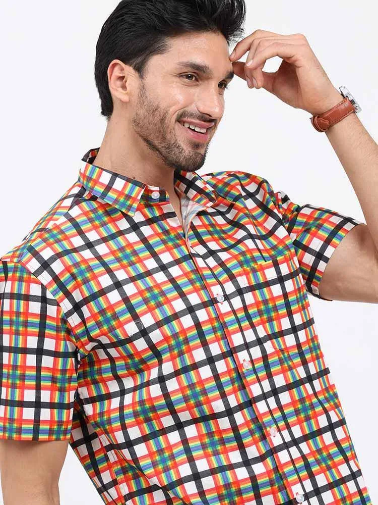 Orange Grey Printed Checks Half Sleeve Shirt