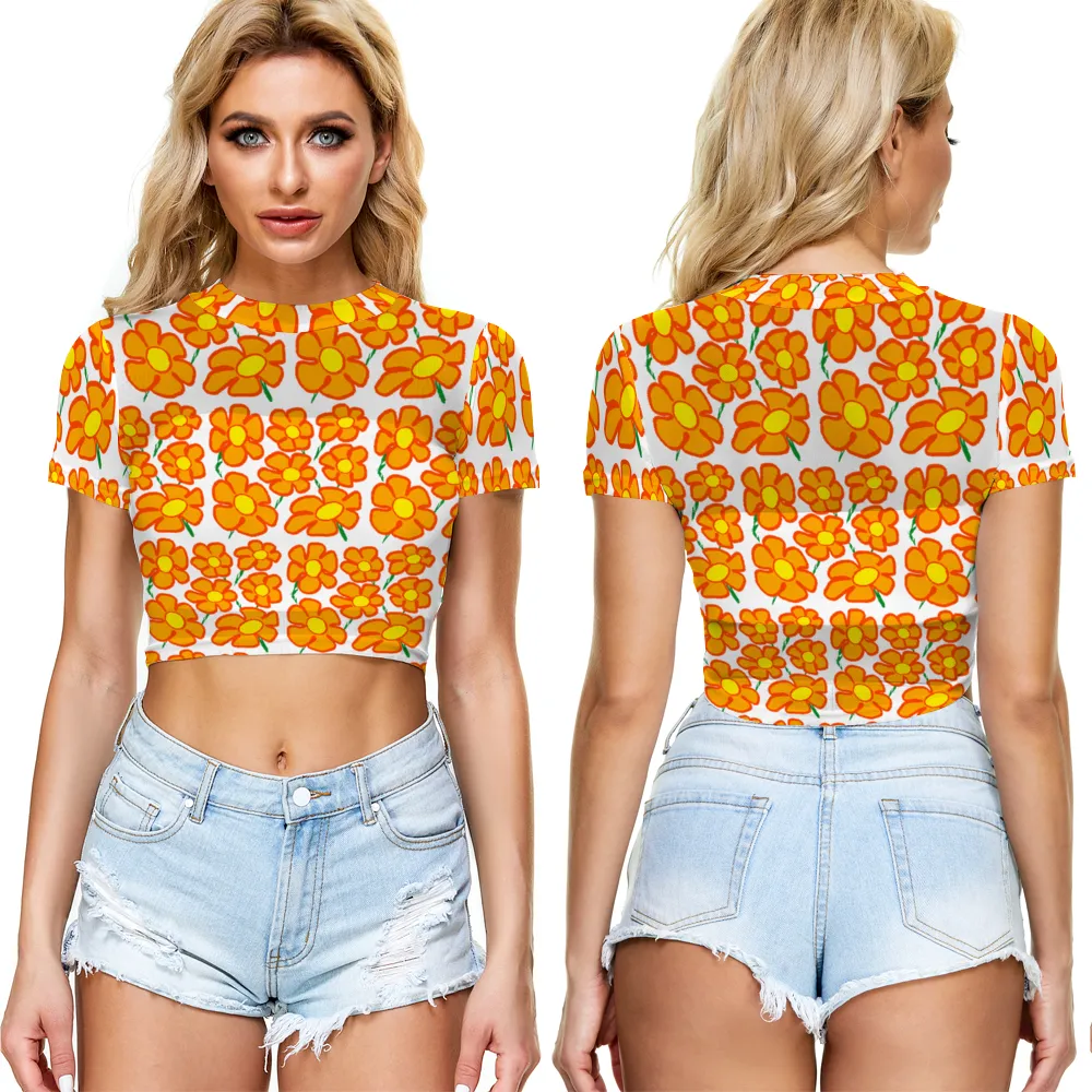 Orangeflower on White - AOP Sheer See-Through Mesh Crop Top Tee