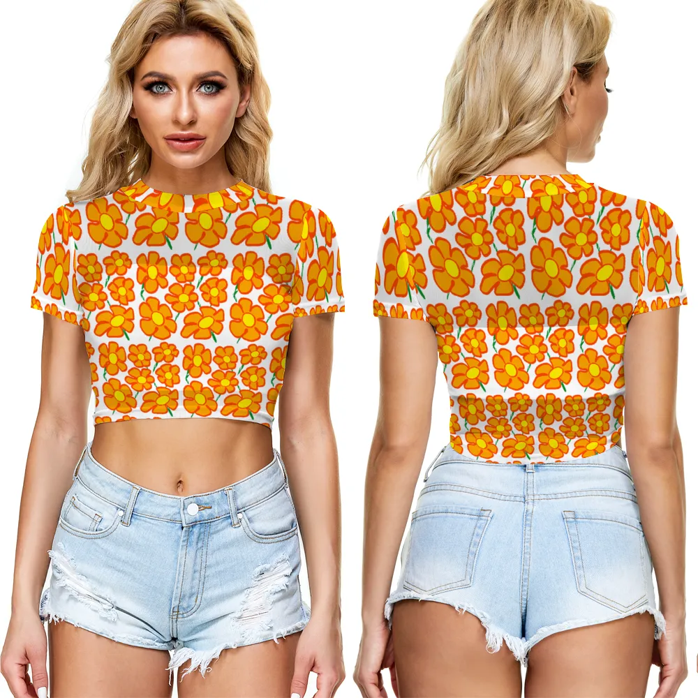 Orangeflower on White - AOP Sheer See-Through Mesh Crop Top Tee