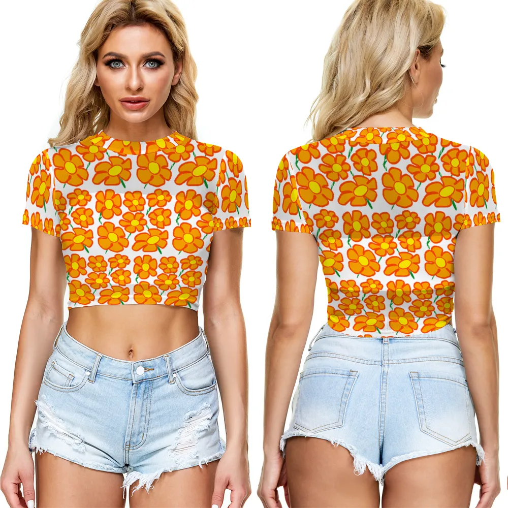 Orangeflower on White - AOP Sheer See-Through Mesh Crop Top Tee