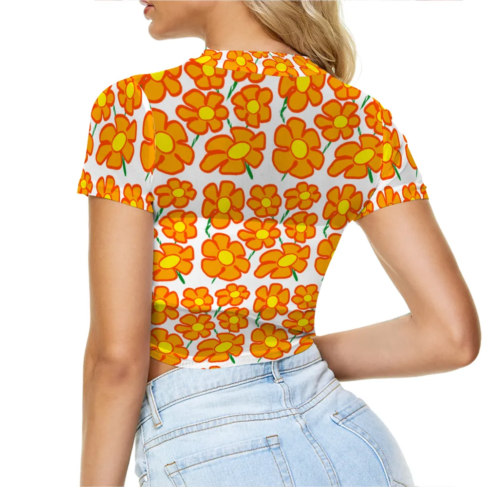 Orangeflower on White - AOP Sheer See-Through Mesh Crop Top Tee