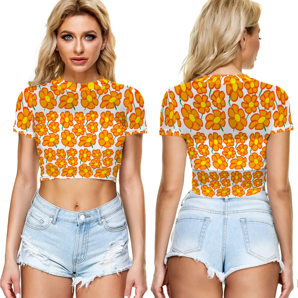 Orangeflower on White - AOP Sheer See-Through Mesh Crop Top Tee