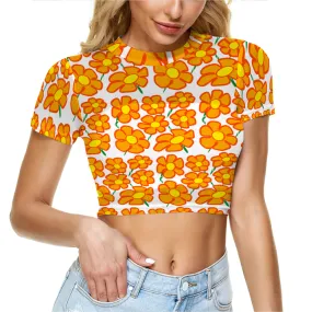 Orangeflower on White - AOP Sheer See-Through Mesh Crop Top Tee