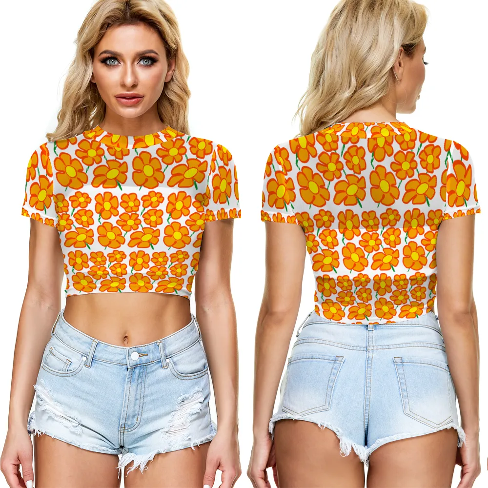 Orangeflower on White - AOP Sheer See-Through Mesh Crop Top Tee