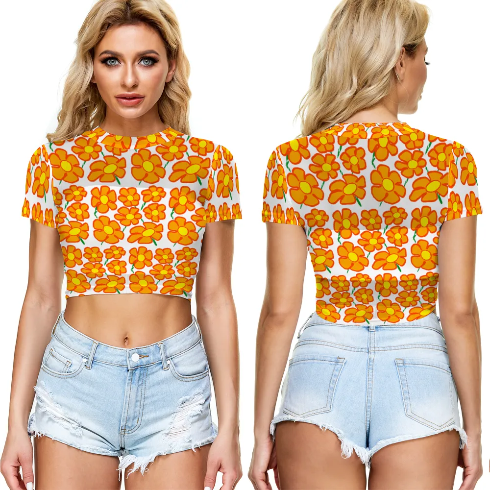 Orangeflower on White - AOP Sheer See-Through Mesh Crop Top Tee