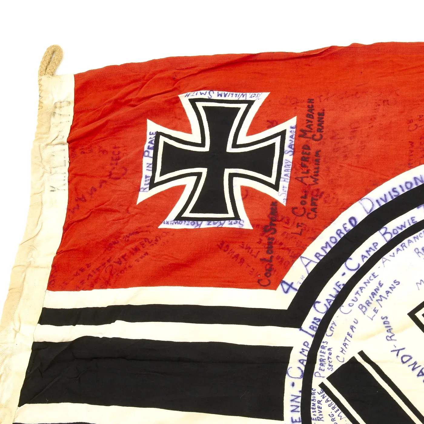 Original German WWII Captured Battle Flag Signed by 4th Armored Division with Wartime Markings 100cm x 170cm