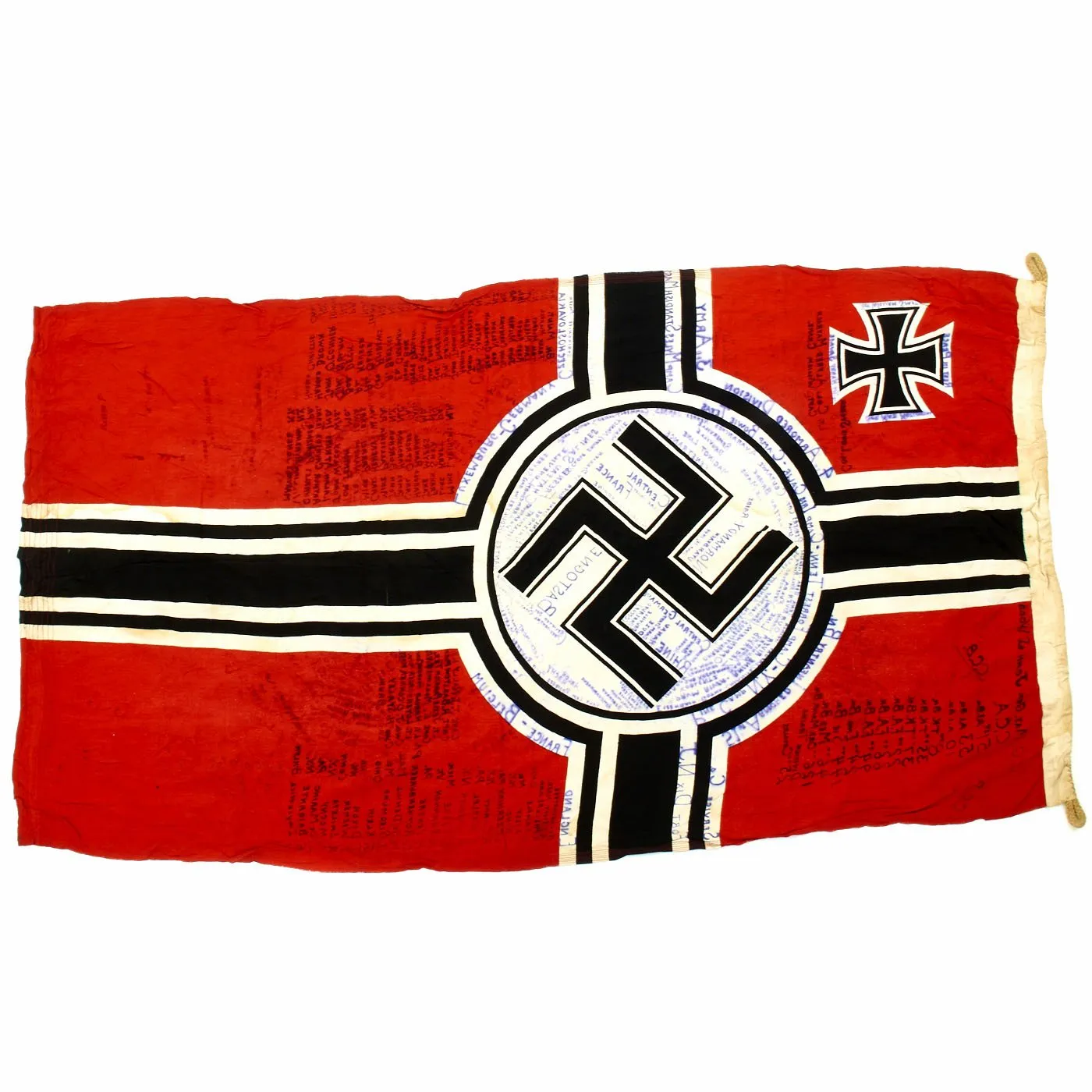 Original German WWII Captured Battle Flag Signed by 4th Armored Division with Wartime Markings 100cm x 170cm