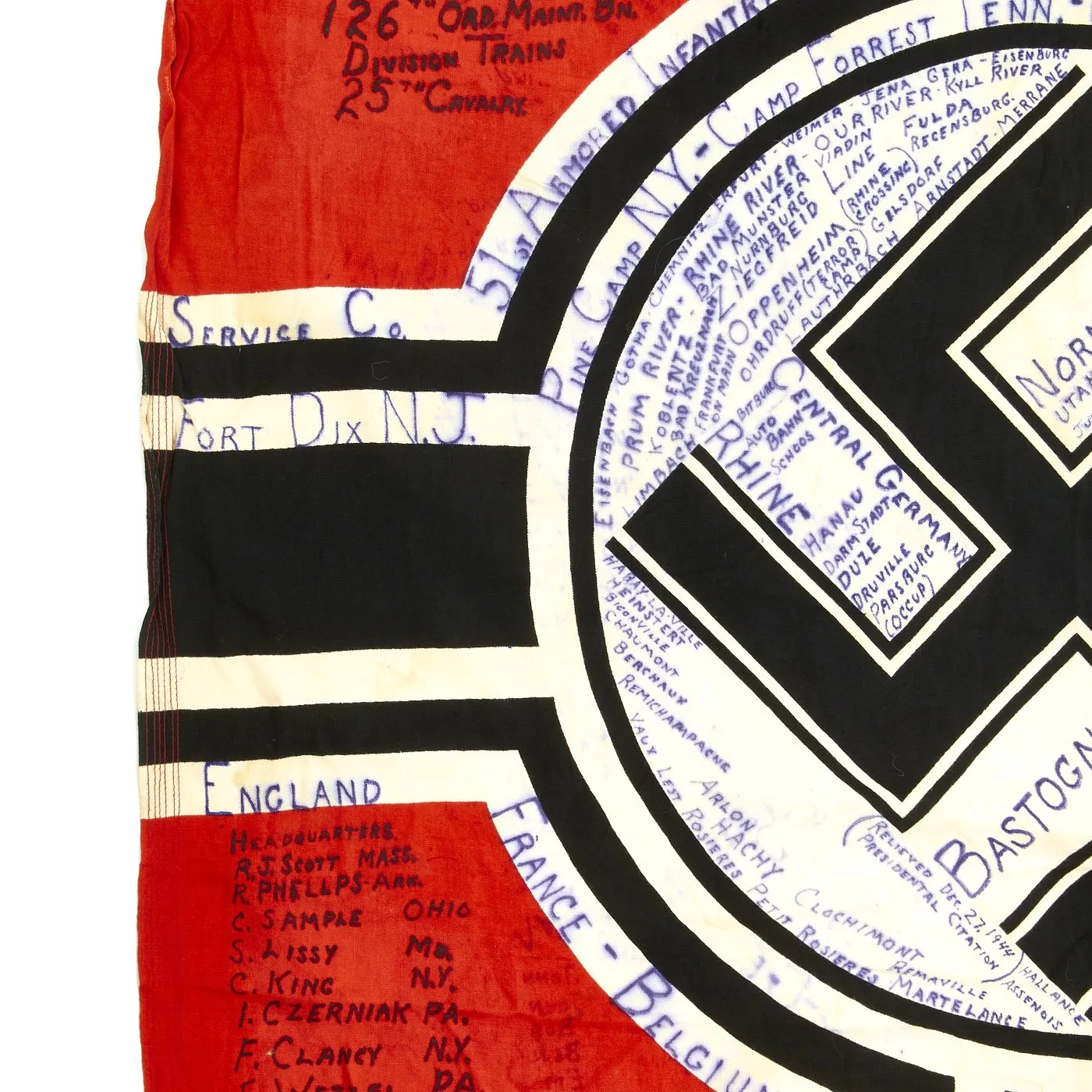 Original German WWII Captured Battle Flag Signed by 4th Armored Division with Wartime Markings 100cm x 170cm