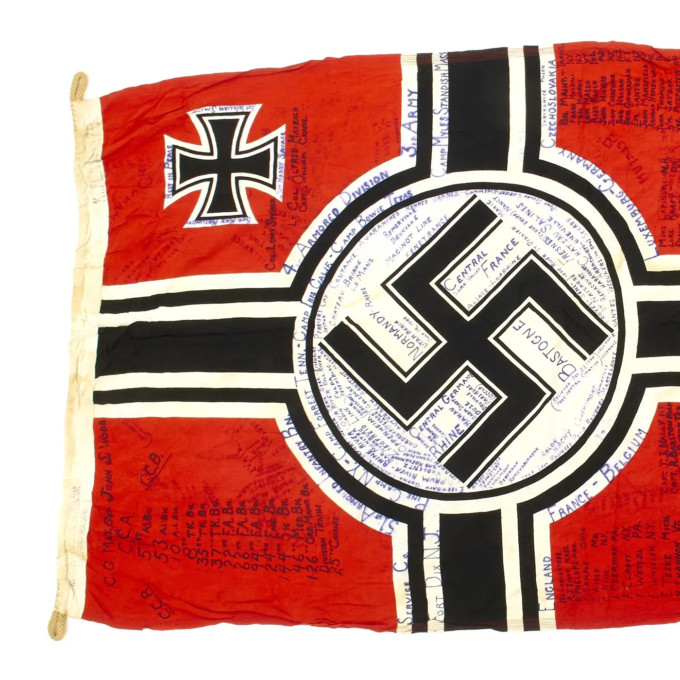 Original German WWII Captured Battle Flag Signed by 4th Armored Division with Wartime Markings 100cm x 170cm