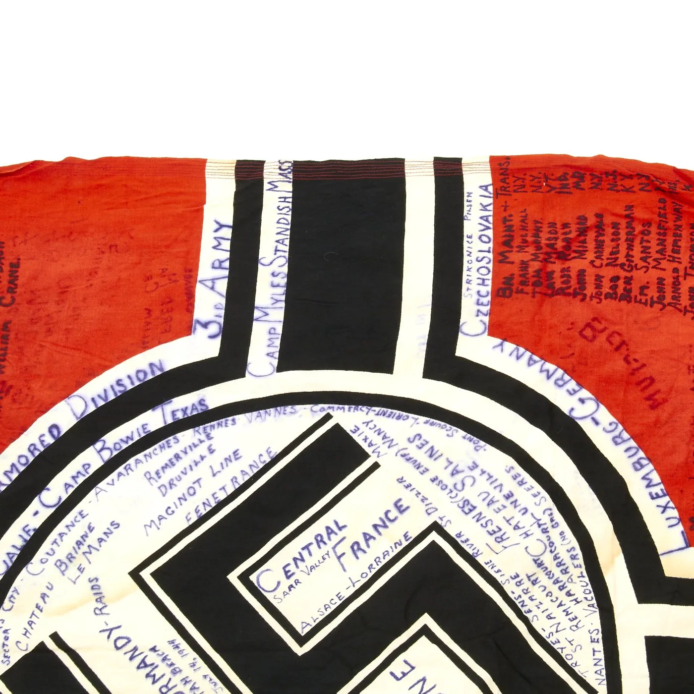 Original German WWII Captured Battle Flag Signed by 4th Armored Division with Wartime Markings 100cm x 170cm