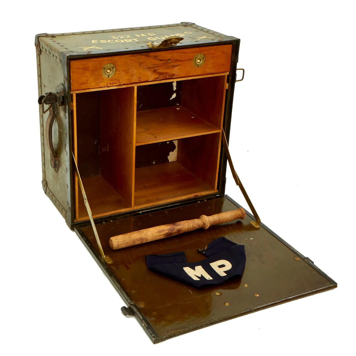 Original U.S. WWII 322nd Military Police Escort Guard Company Field Desk From The Manzanar War Relocation Center - With Armband & Bludgeon