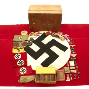 Original U.S. WWII Named Bring Back Grouping in Box - German Armbands, Medals, Flags, Cigars, Insignia