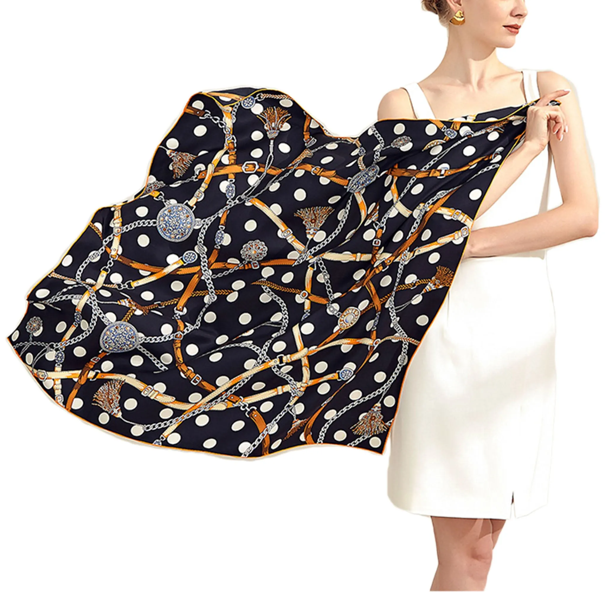 Oscar Rossa 100% Silk Scarf with Hand-Rolled Edges, approximate 34"x34" to 35"x35" Large Square Printed Mulberry Silk Twill Scarf