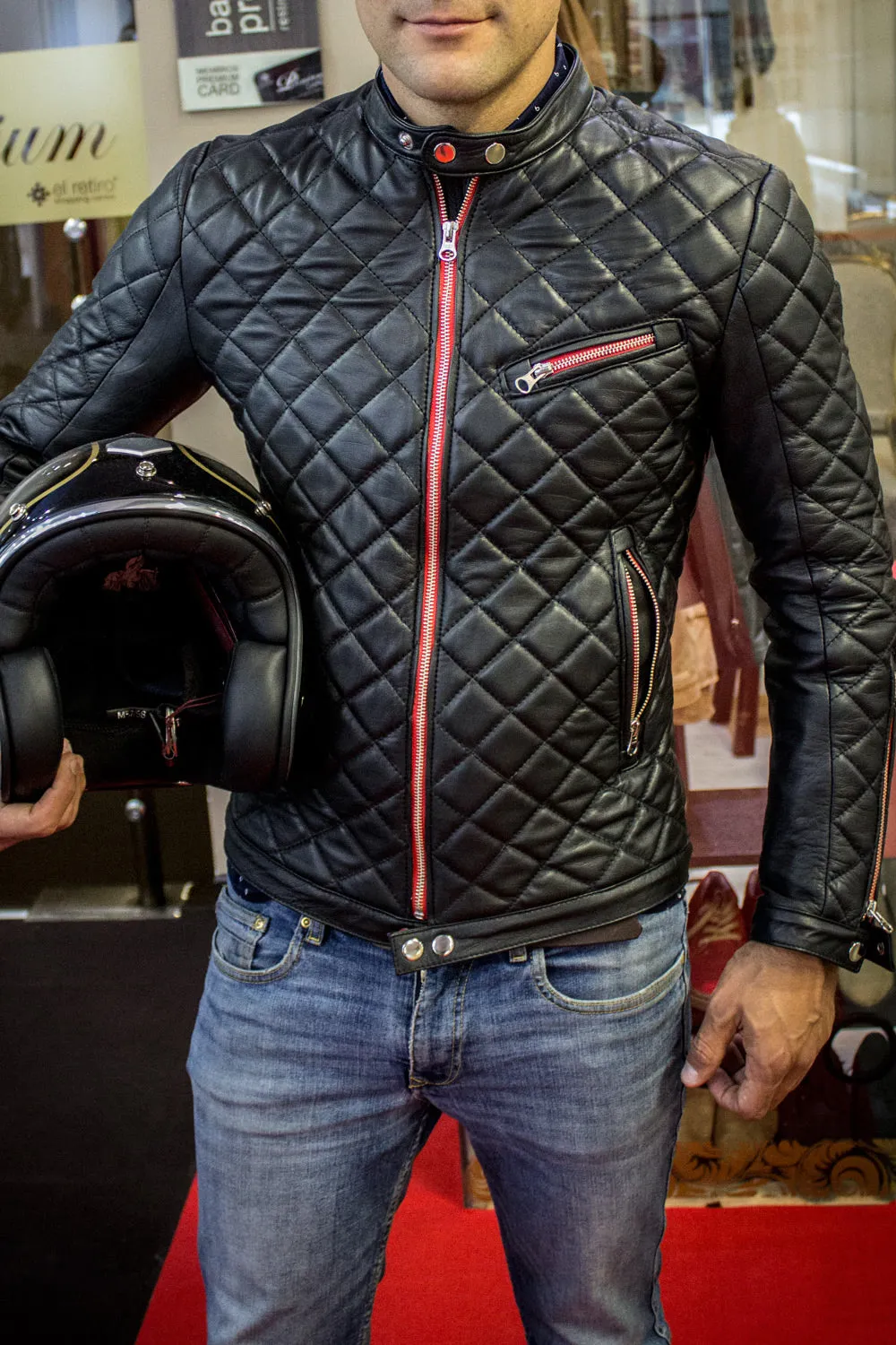 PANAMERICA Leather Jacket - Quilted, in Calfskin Black / Red Limited Edition -