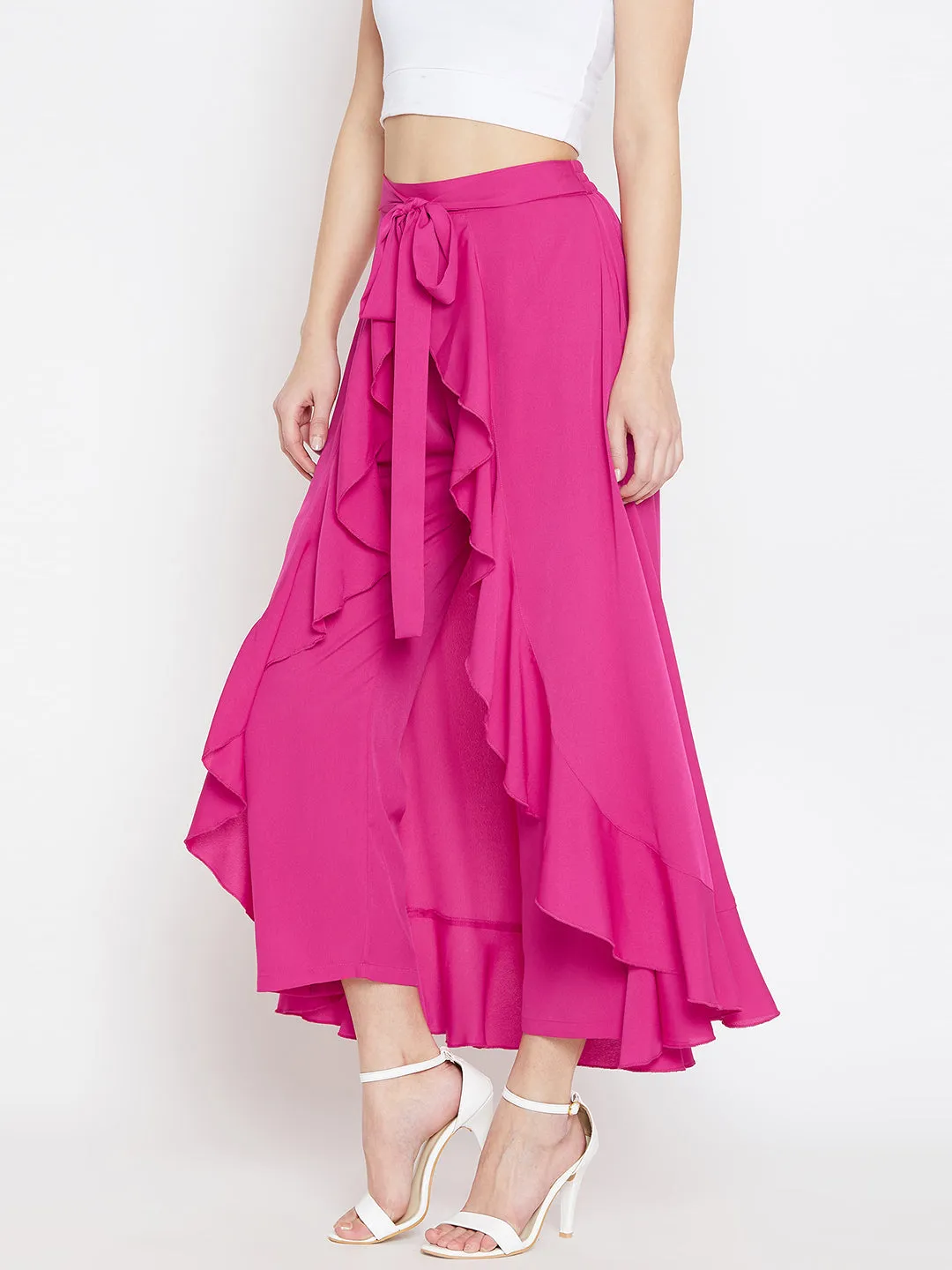 Pink Solid Ruffled Wrap Maxi Skirt with Attached Palazzo