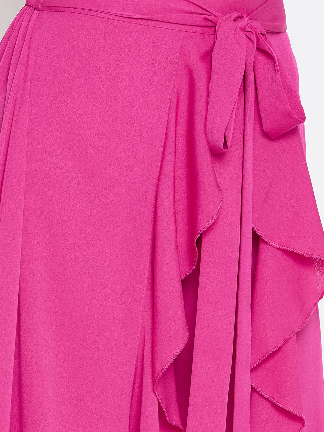 Pink Solid Ruffled Wrap Maxi Skirt with Attached Palazzo