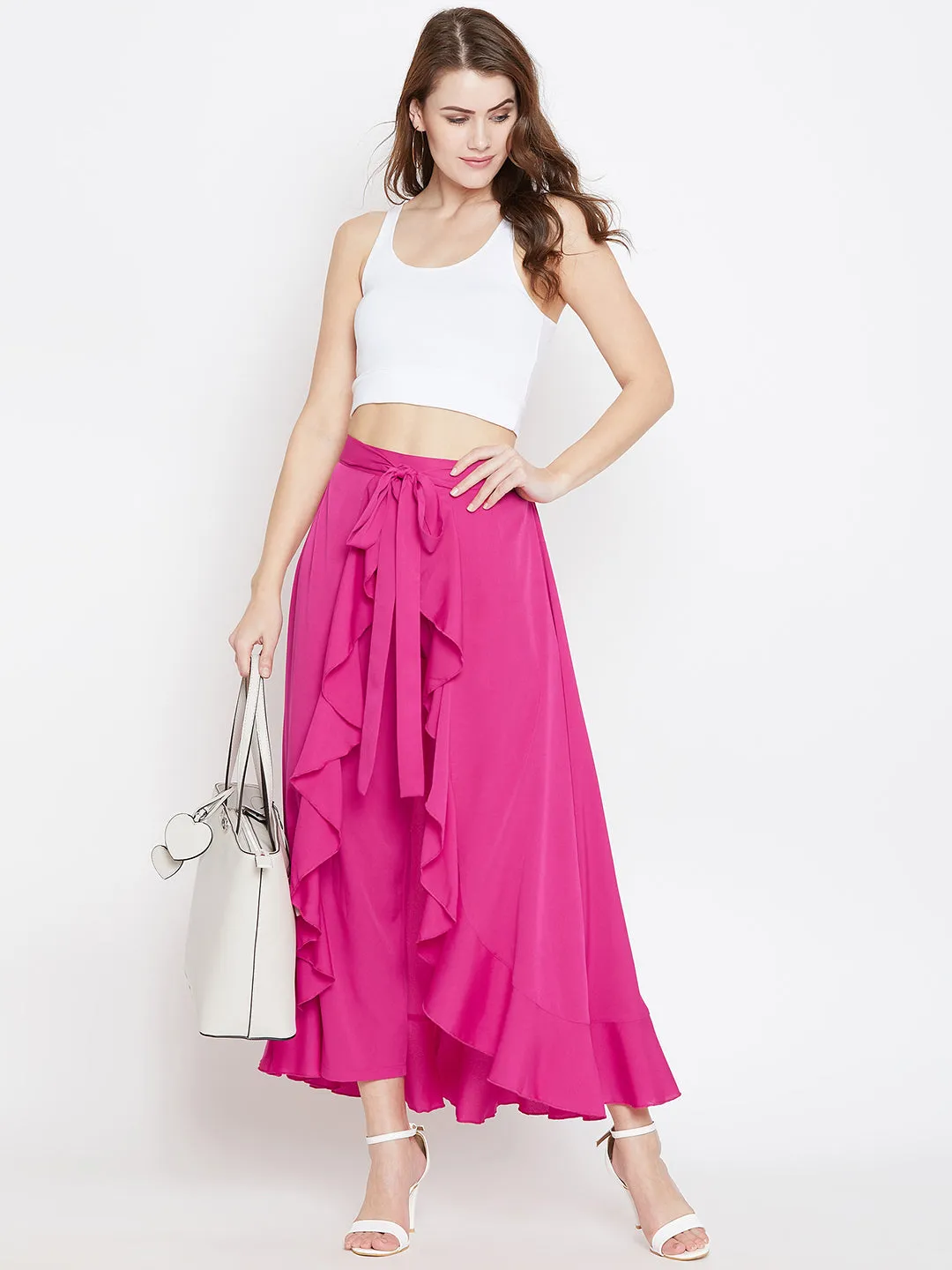 Pink Solid Ruffled Wrap Maxi Skirt with Attached Palazzo