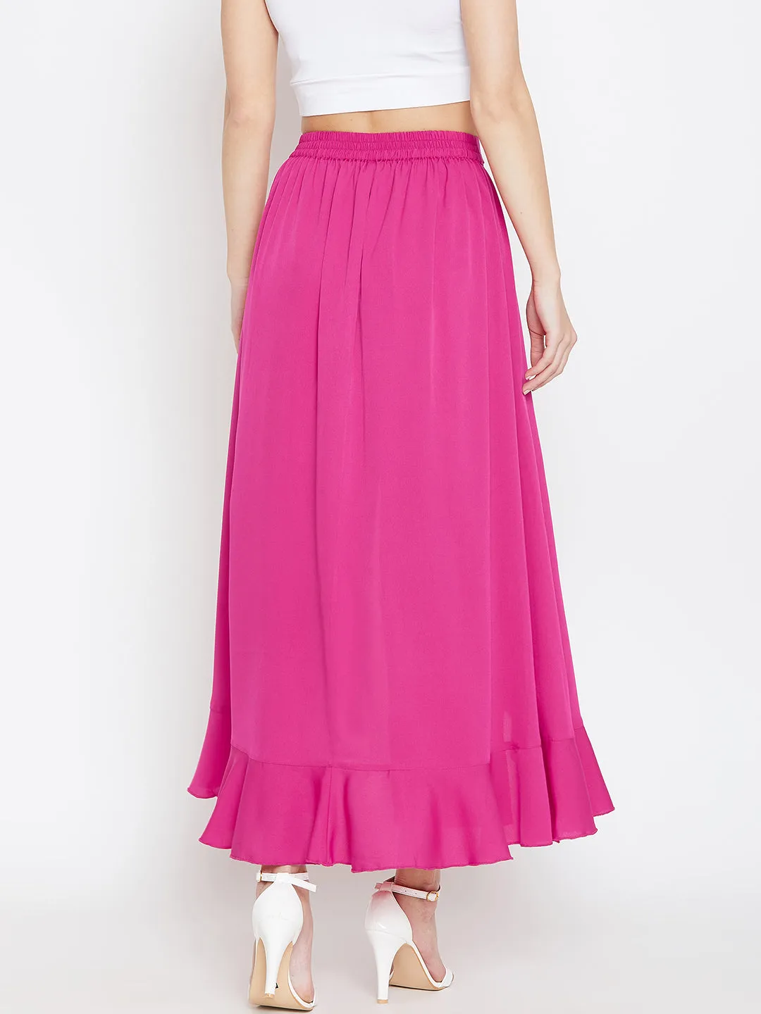 Pink Solid Ruffled Wrap Maxi Skirt with Attached Palazzo