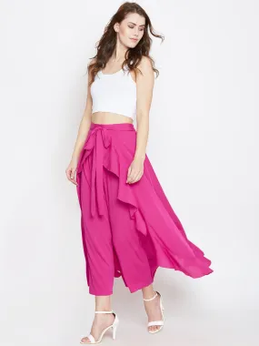 Pink Solid Ruffled Wrap Maxi Skirt with Attached Palazzo