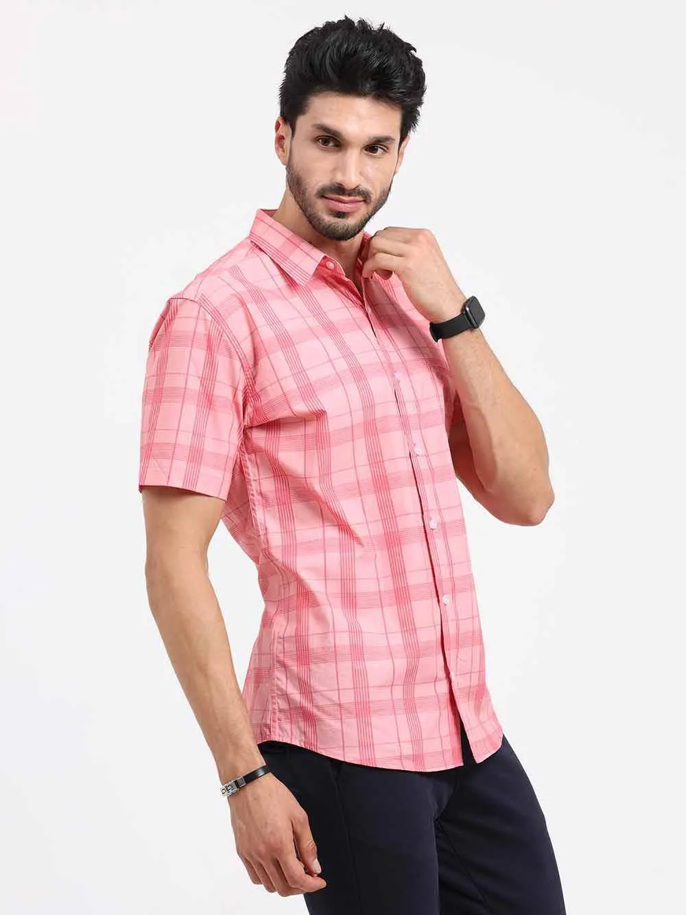 Pink Stripe Checks Half Sleeve Shirt