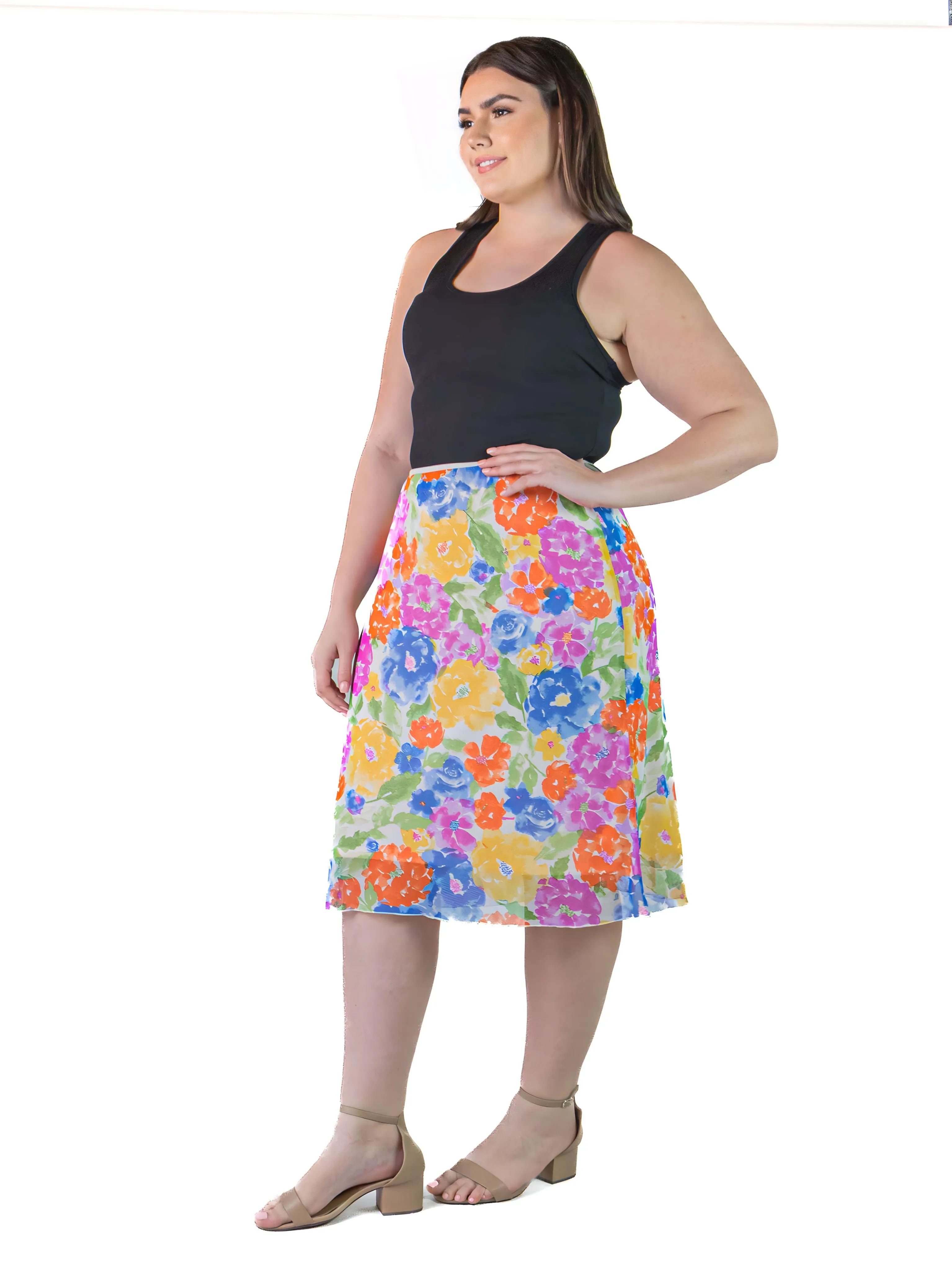 Plus Size Colorful Spring Floral Sheer Overlay Elastic Waist Knee Length Skirt