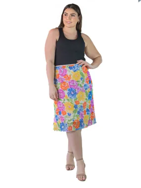 Plus Size Colorful Spring Floral Sheer Overlay Elastic Waist Knee Length Skirt