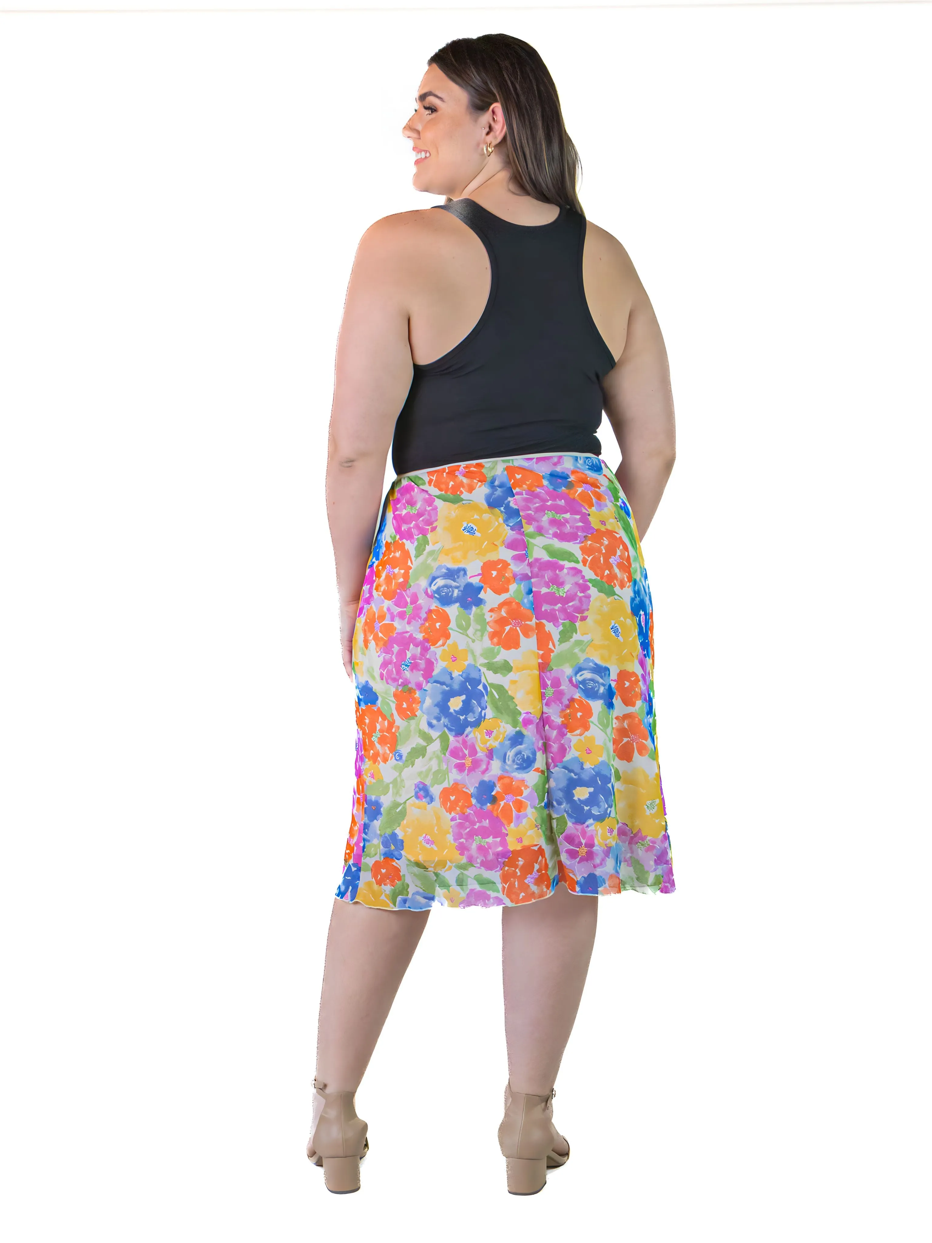 Plus Size Colorful Spring Floral Sheer Overlay Elastic Waist Knee Length Skirt