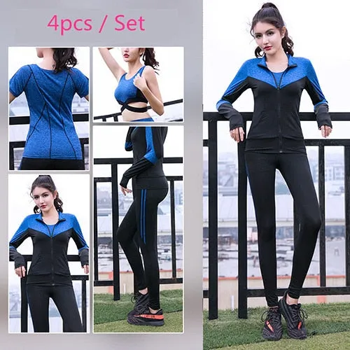 Quick Dry Yoga Set 4 PCS Workout Tight Sexy Top Sportswear Suit Gym Running Shirt Pants Sport Bra Women's Tracksuit